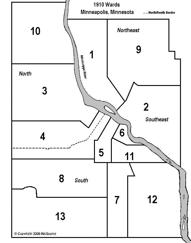 KinSource 1910 Map of Minneapolis All Wards
